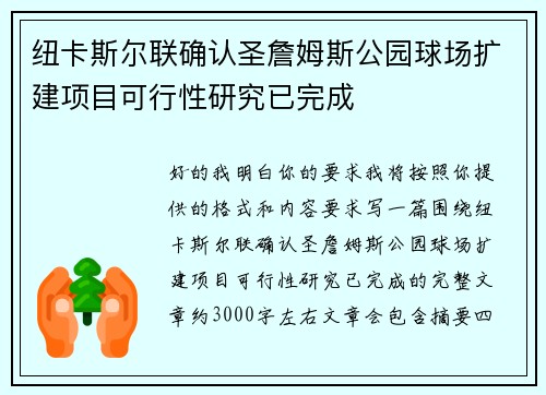 纽卡斯尔联确认圣詹姆斯公园球场扩建项目可行性研究已完成