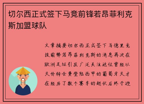切尔西正式签下马竞前锋若昂菲利克斯加盟球队